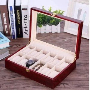 Cherry Watch Display Box, 12 Compartment Glass Top